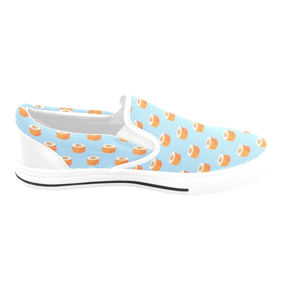 Salmon Sushi Print Design LKS307 White Slip Ons Canvas Women's Shoes