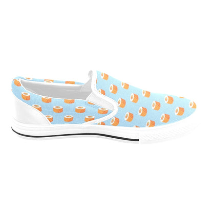 Salmon Sushi Print Design LKS307 White Slip Ons Canvas Women's Shoes