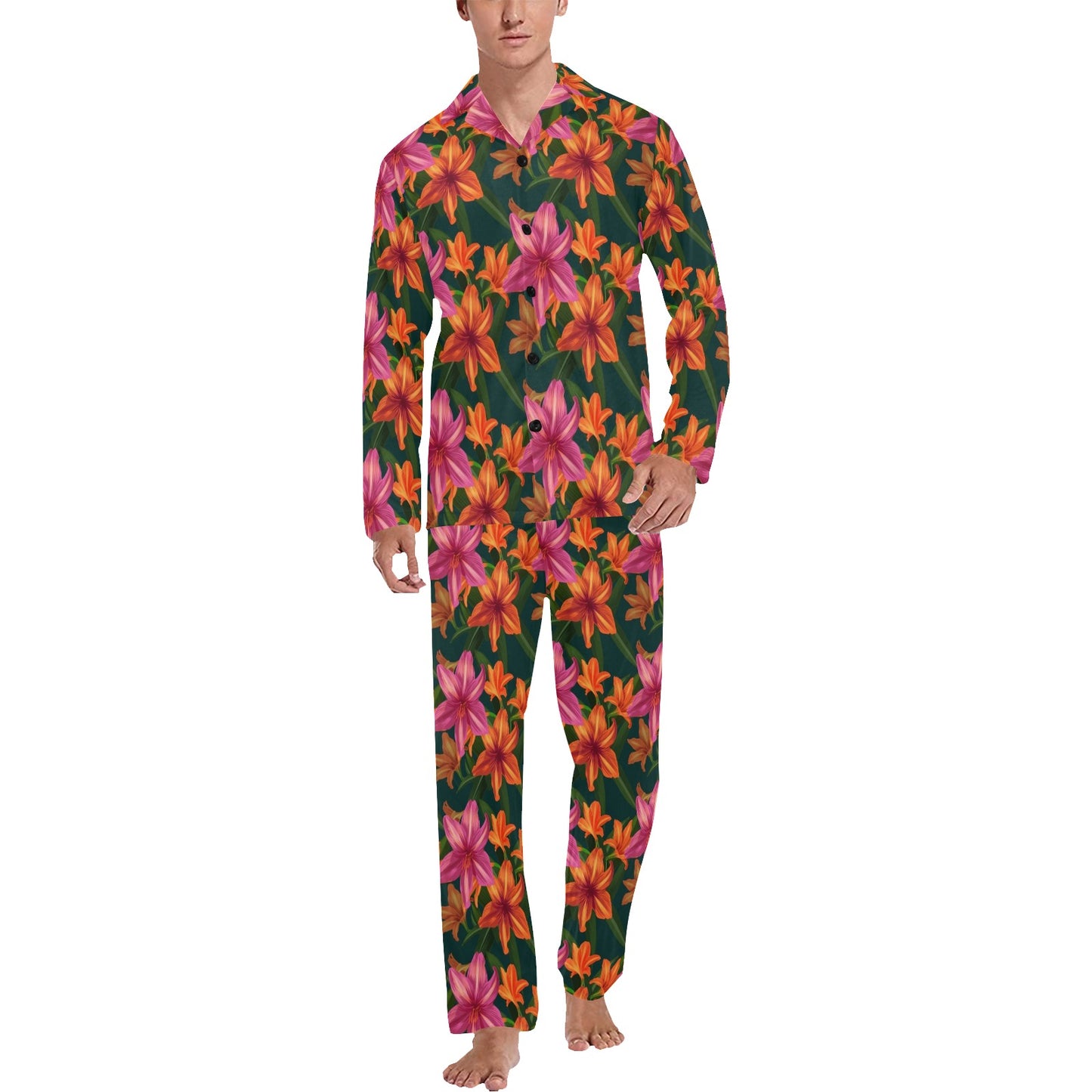 Amaryllis Pattern Print Design AL01 Men's Long Pajama Set