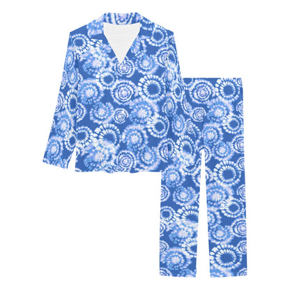 Tie Dye Blue Design Print Women's Long Pajama Set