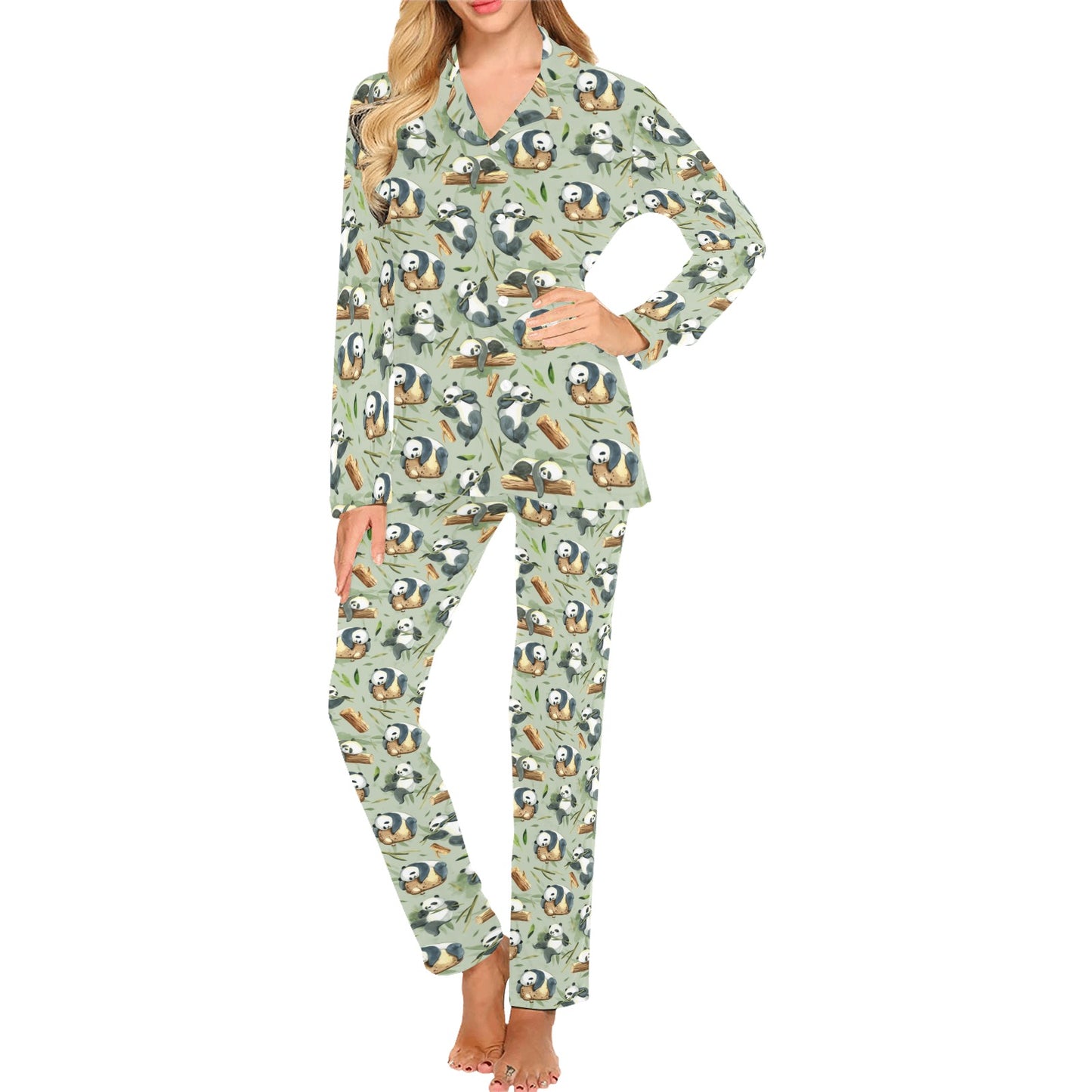 Panda Bear Design Bamboo Print Women's Long Pajama Set