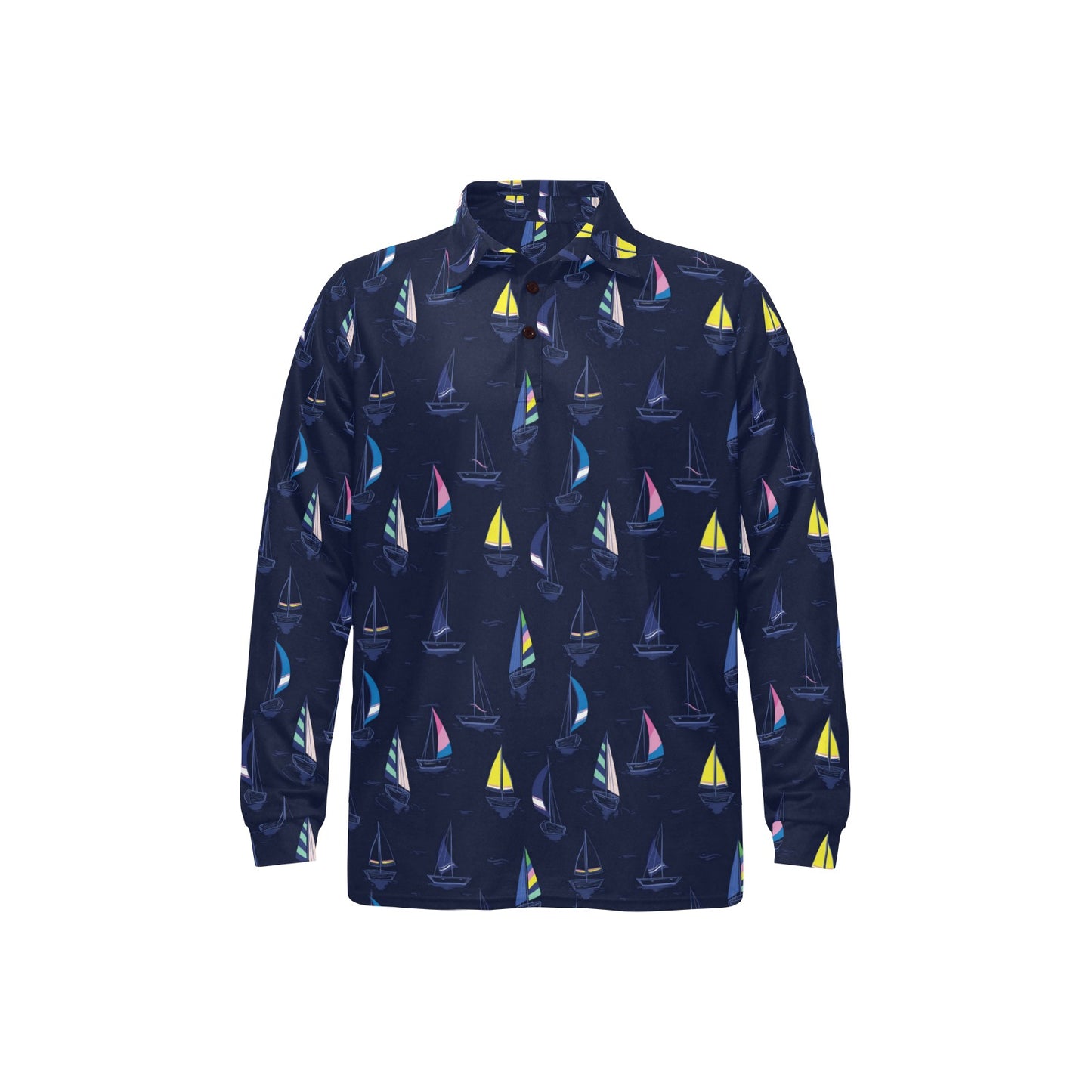 Sailboat Print Design LKS305 Long Sleeve Polo Shirt For Men's