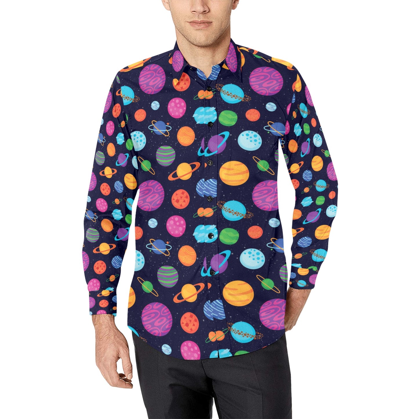 Planet Multicolor Print Design LKS302 Men's Long Sleeve Dress Shirt