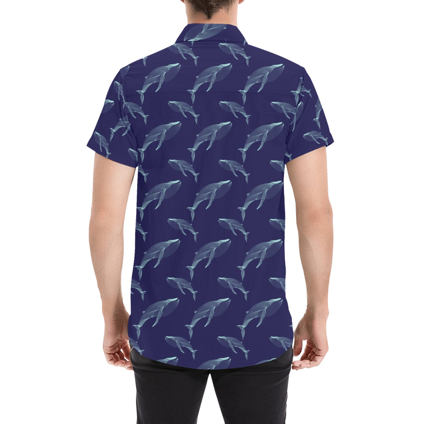Blue Whale Print Design LKS402 Men Short Sleeve Button Up Shirt