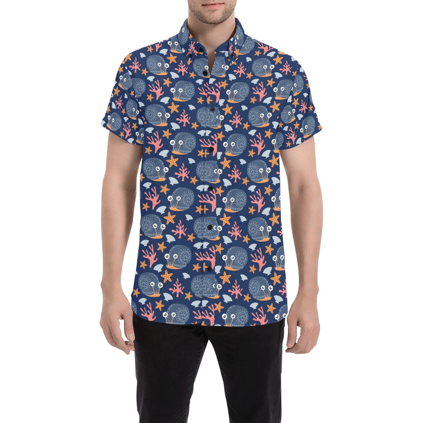 Snail Print Design LKS402 Men Short Sleeve Button Up Shirt