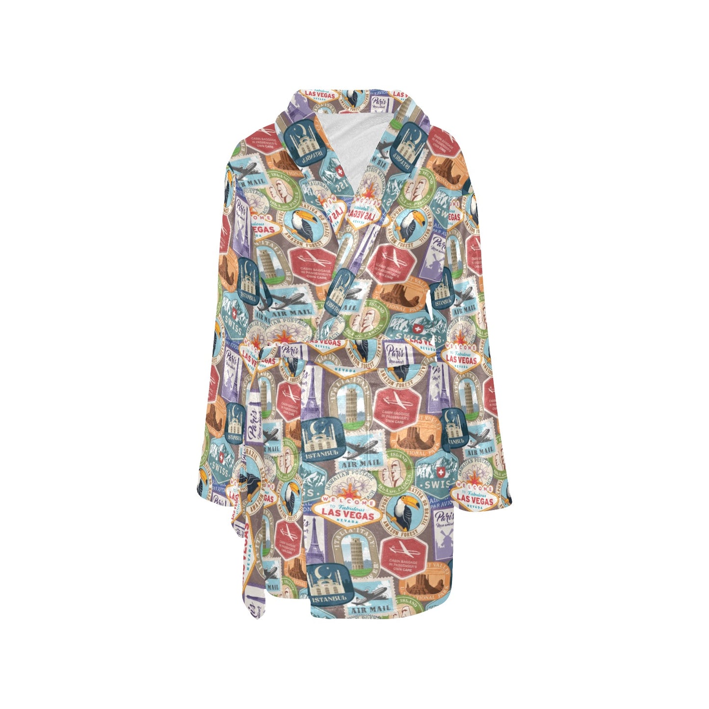 Travel Stamp Print Design LKS301 Women's Fleece Robe