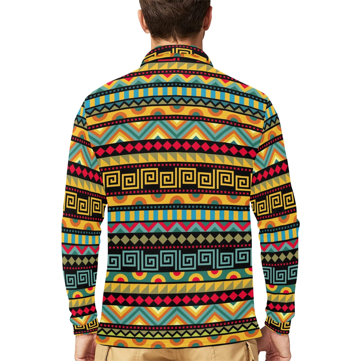 African Pattern Print Design 03 Long Sleeve Polo Shirt For Men's