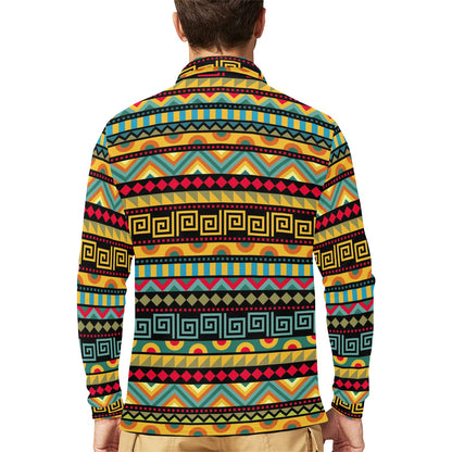 African Pattern Print Design 03 Long Sleeve Polo Shirt For Men's