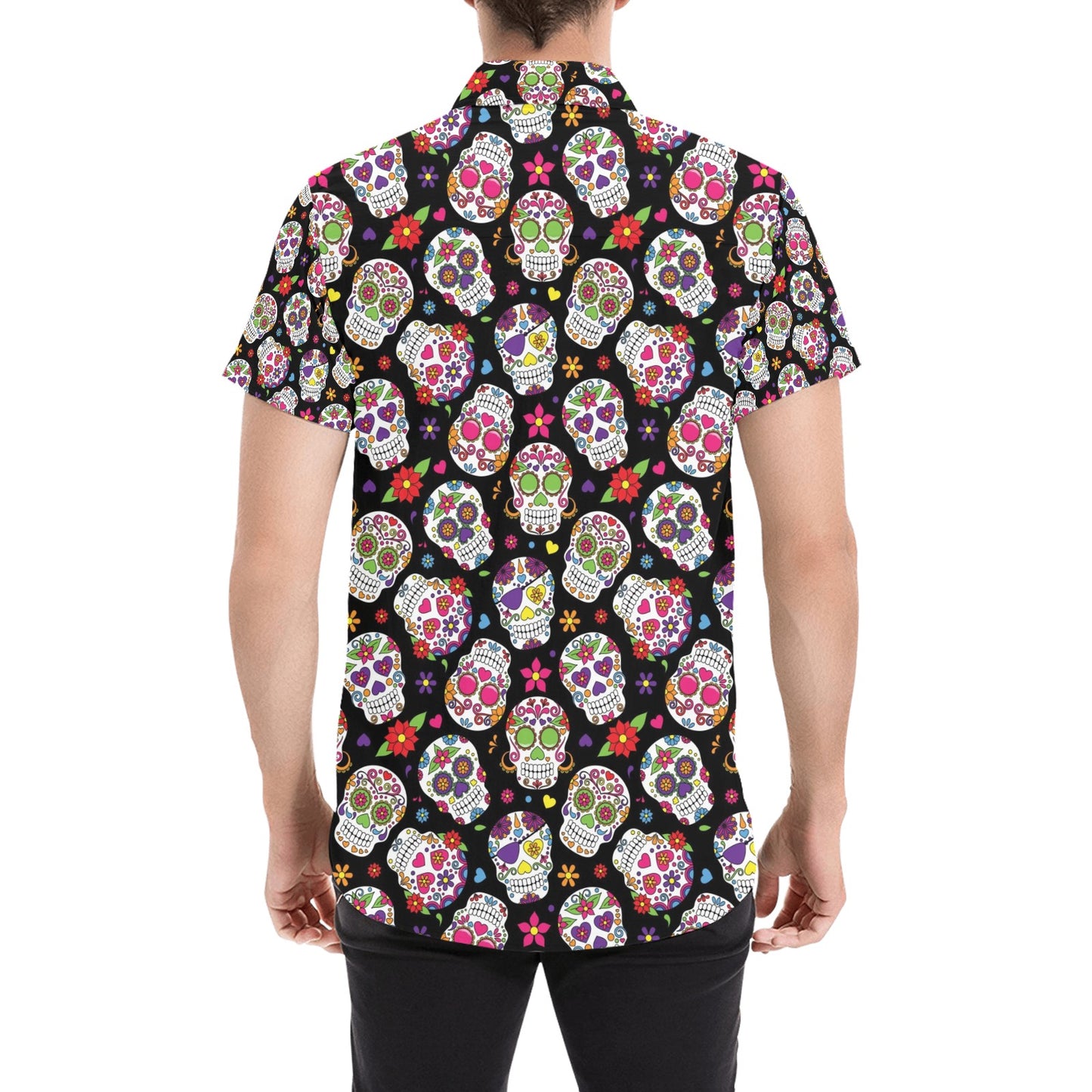 Sugar Skull Print Design LKS302 Men Short Sleeve Button Up Shirt