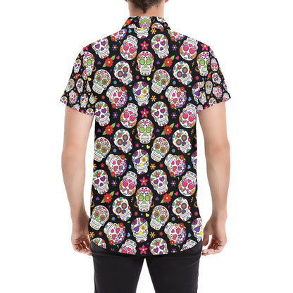 Sugar Skull Print Design LKS302 Men Short Sleeve Button Up Shirt