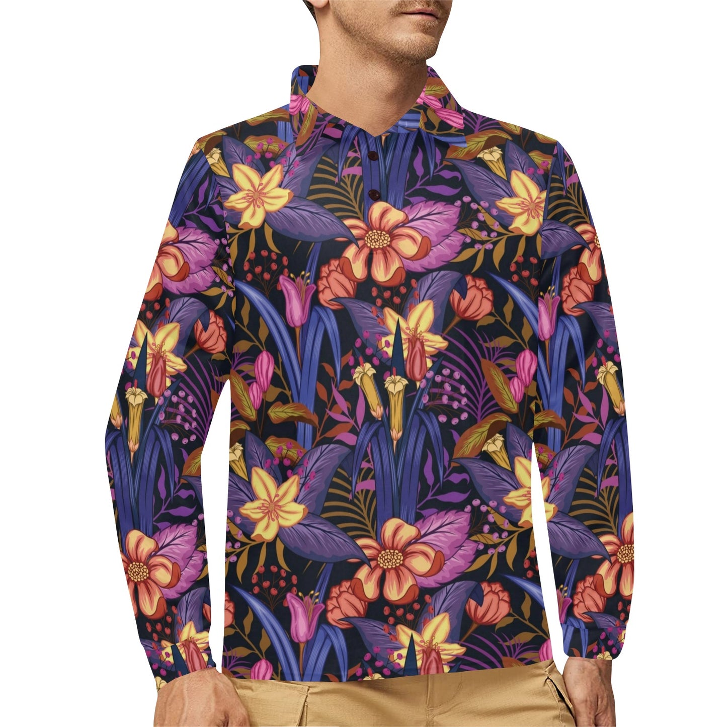 Lily Pattern Print Design LY016 Long Sleeve Polo Shirt For Men's