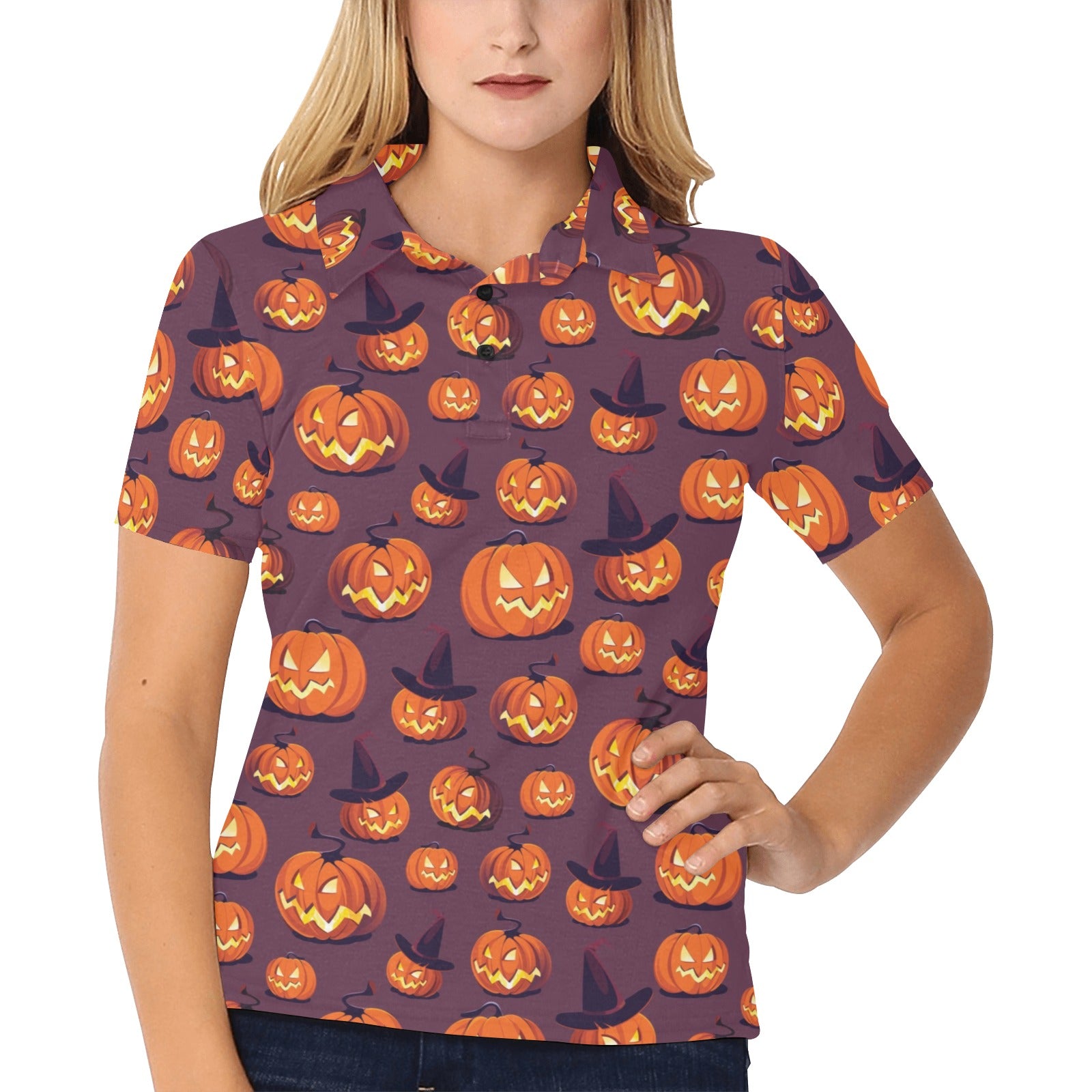 Halloween Pumpkin Pattern Print Design 03 Women's Polo Shirt