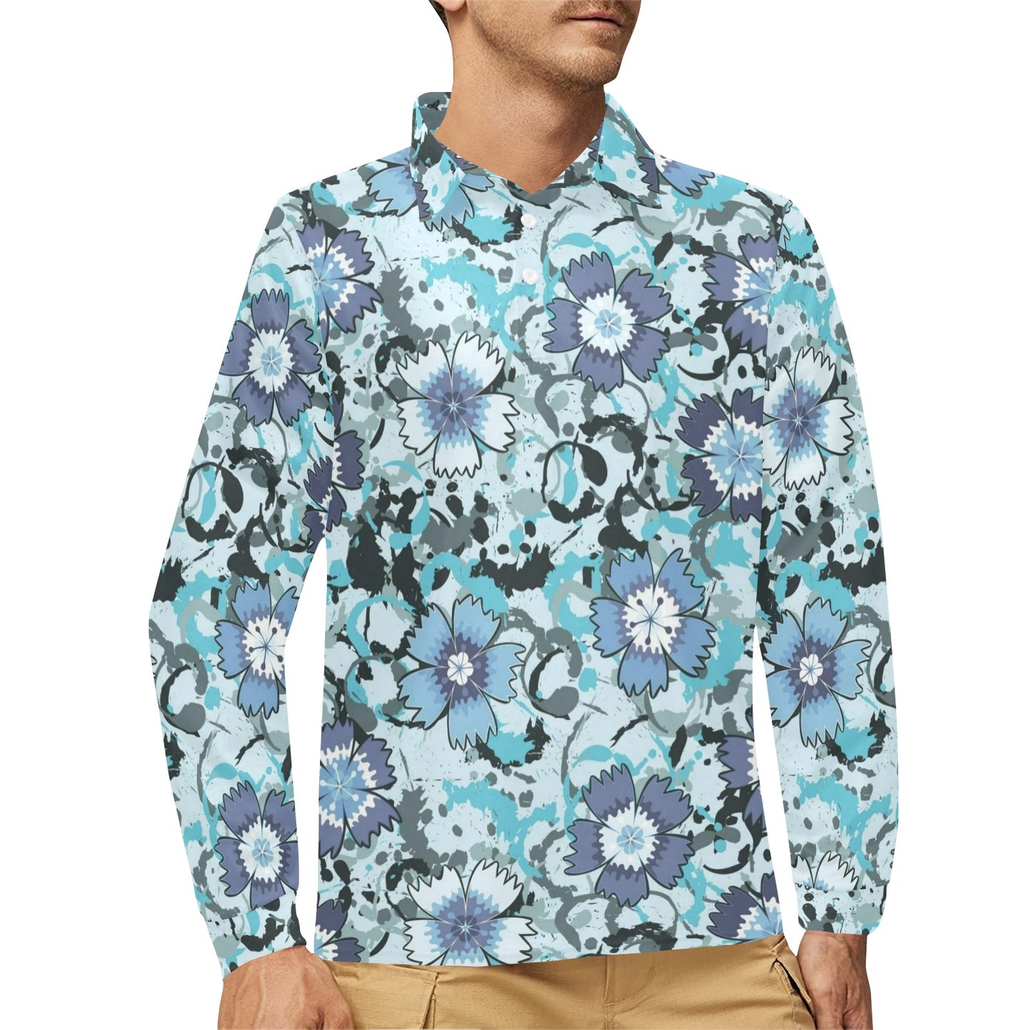 Carnations Pattern Print Design CN04 Long Sleeve Polo Shirt For Men's