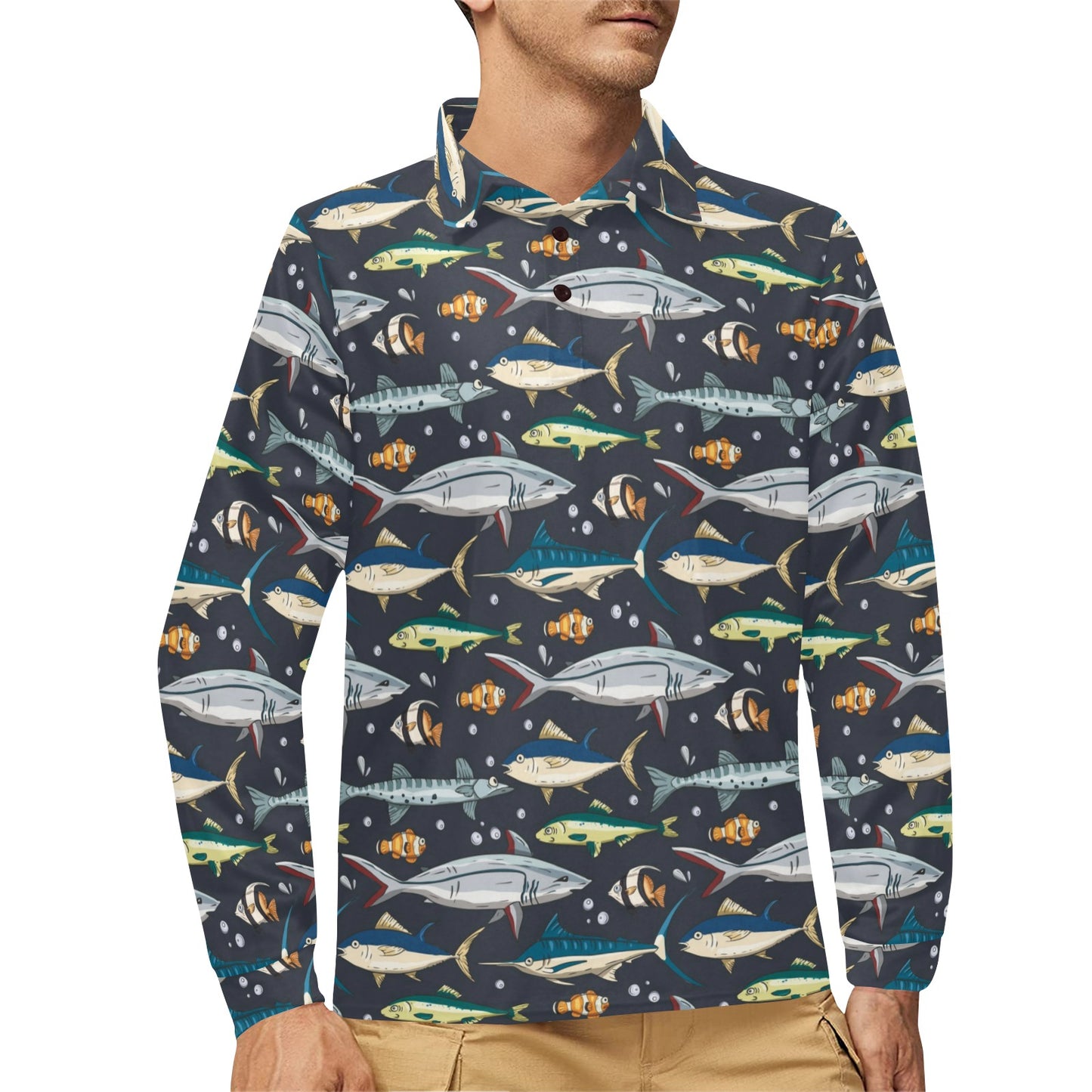 Swordfish Pattern Print Design 04 Long Sleeve Polo Shirt For Men's