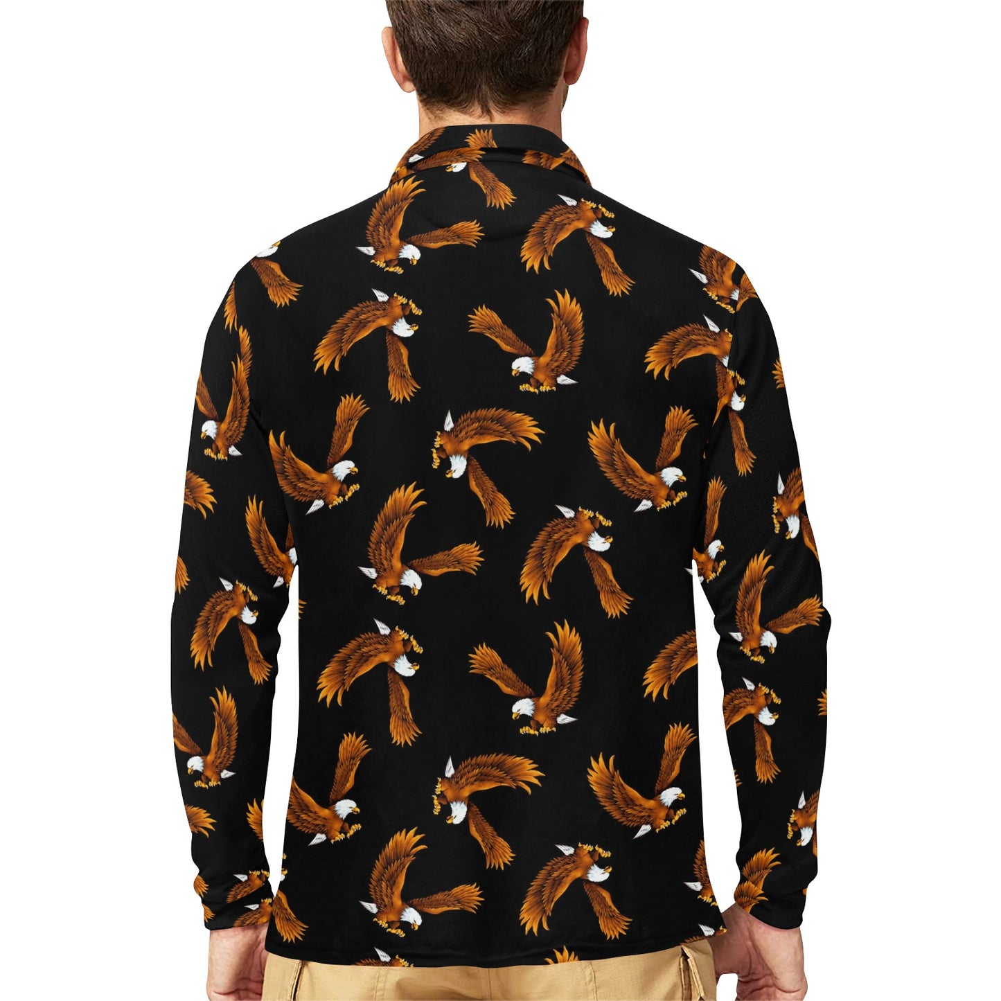 Eagles Print Pattern Long Sleeve Polo Shirt For Men's