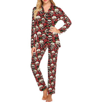 Skull Roses Design Themed Print Women's Long Pajama Set