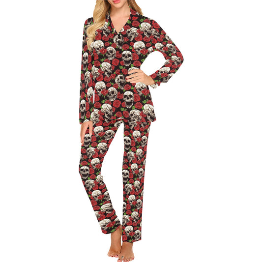 Skull Roses Design Themed Print Women's Long Pajama Set