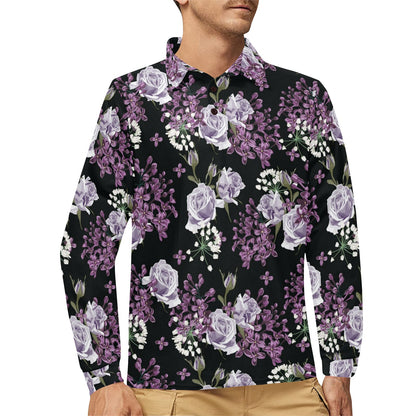 Lilac Pattern Print Design LI04 Long Sleeve Polo Shirt For Men's