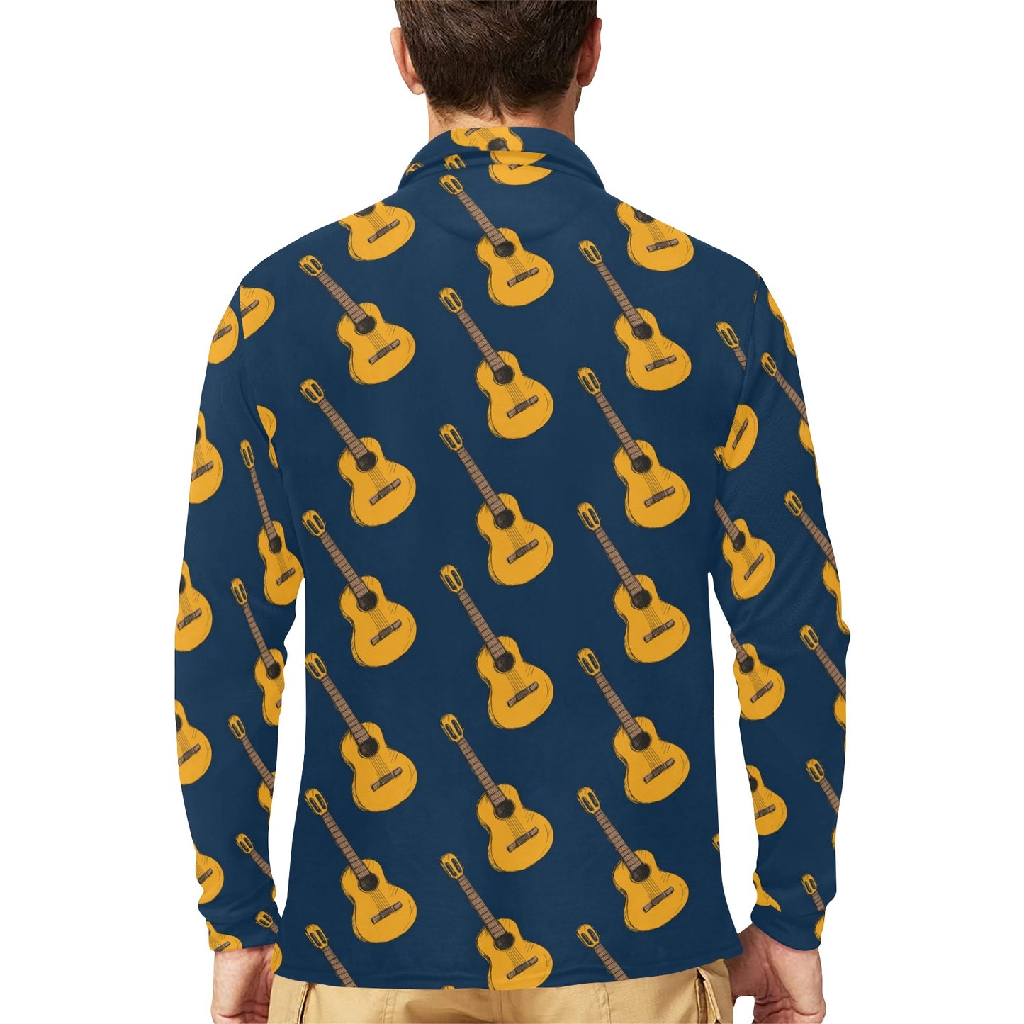 Acoustic Guitar Pattern Print Design 04 Long Sleeve Polo Shirt For Men's