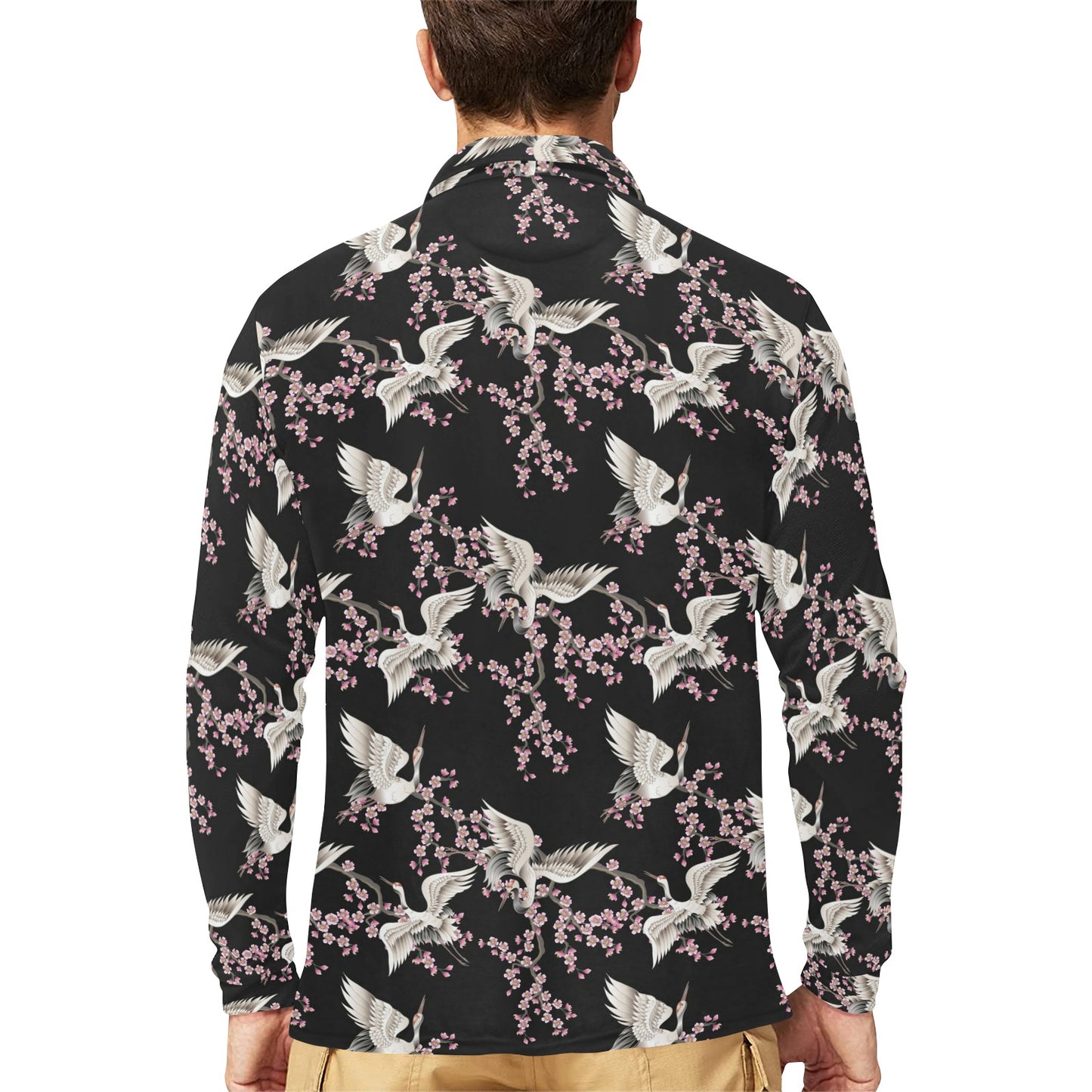 Crane Pattern Print Design 01 Long Sleeve Polo Shirt For Men's