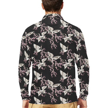 Crane Pattern Print Design 01 Long Sleeve Polo Shirt For Men's