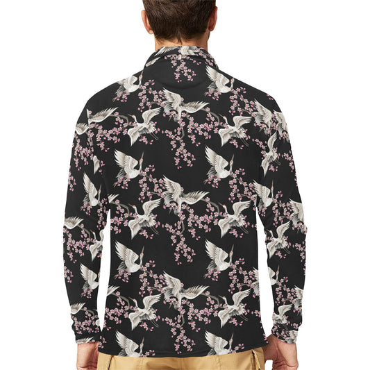 Crane Pattern Print Design 01 Long Sleeve Polo Shirt For Men's
