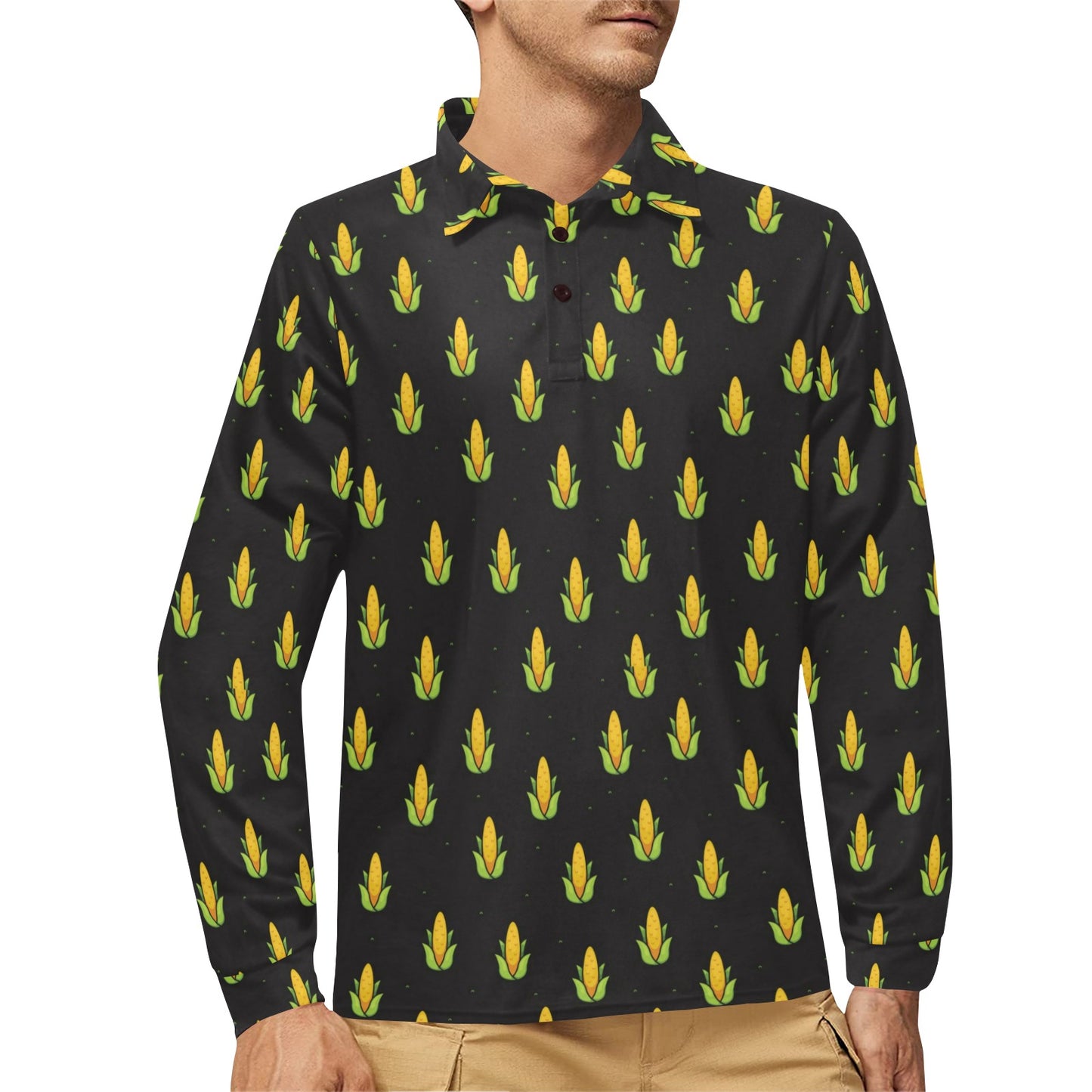 Corn Pattern Print Design 04 Long Sleeve Polo Shirt For Men's