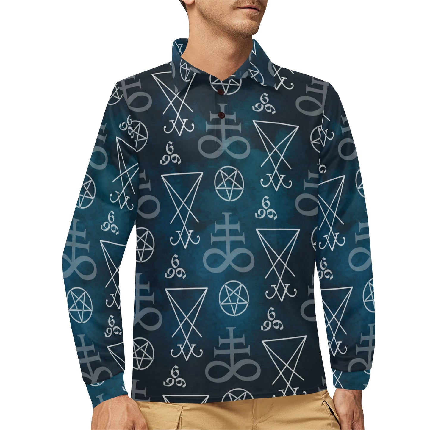 Pentagram Pattern Print Design A03 Long Sleeve Polo Shirt For Men's