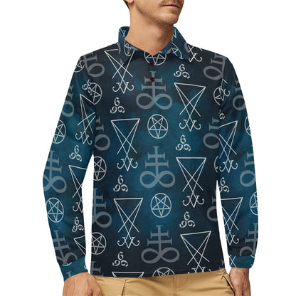 Pentagram Pattern Print Design A03 Long Sleeve Polo Shirt For Men's