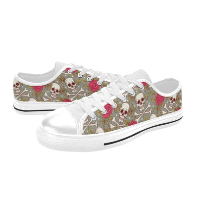 Skull Bone Rose Print Design LKS303 Women's White Low Top Shoes