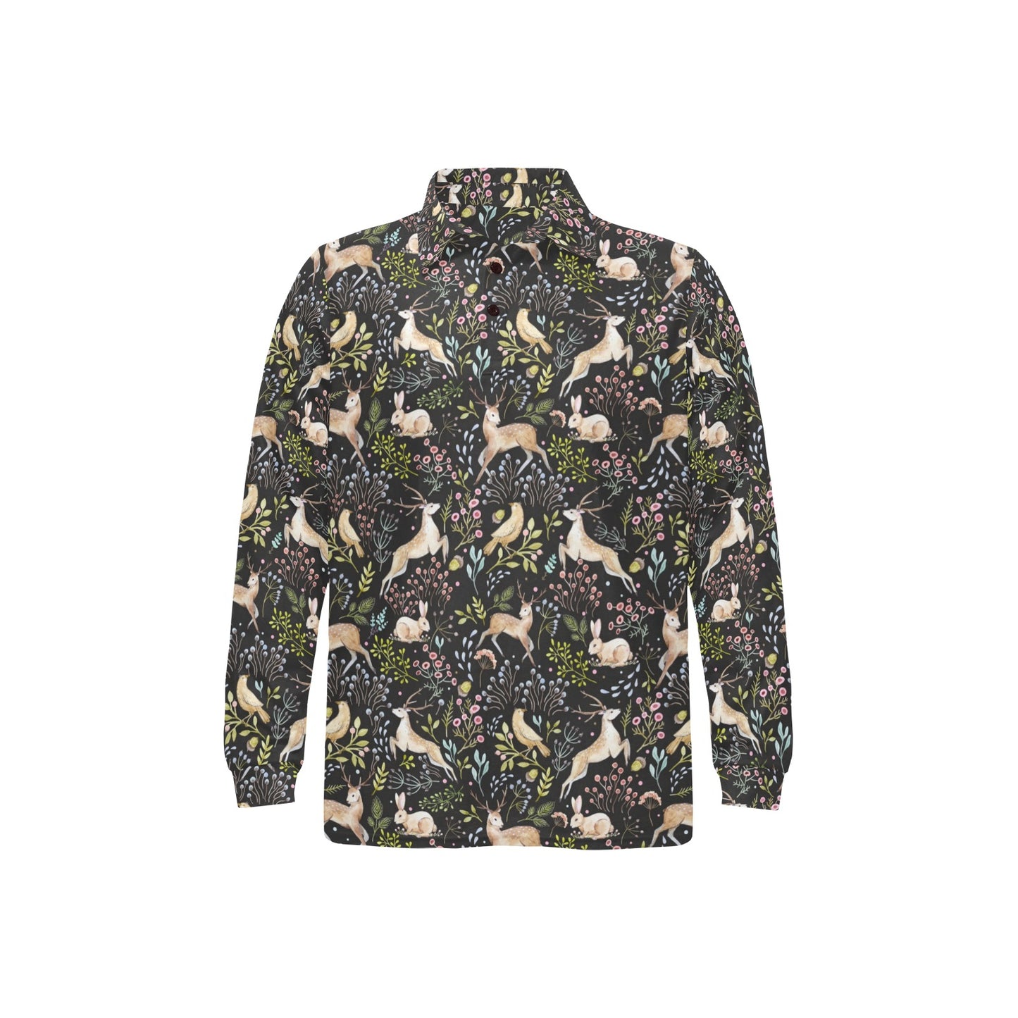 Deer Floral Jungle Long Sleeve Polo Shirt For Men's