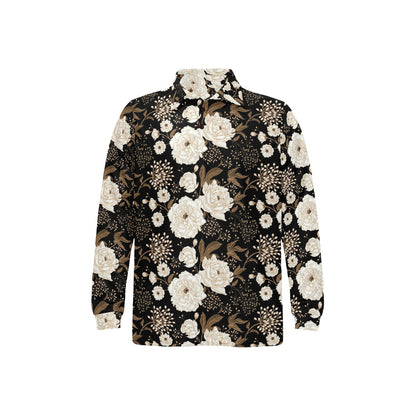 Peony Pattern Print Design A02 Long Sleeve Polo Shirt For Men's