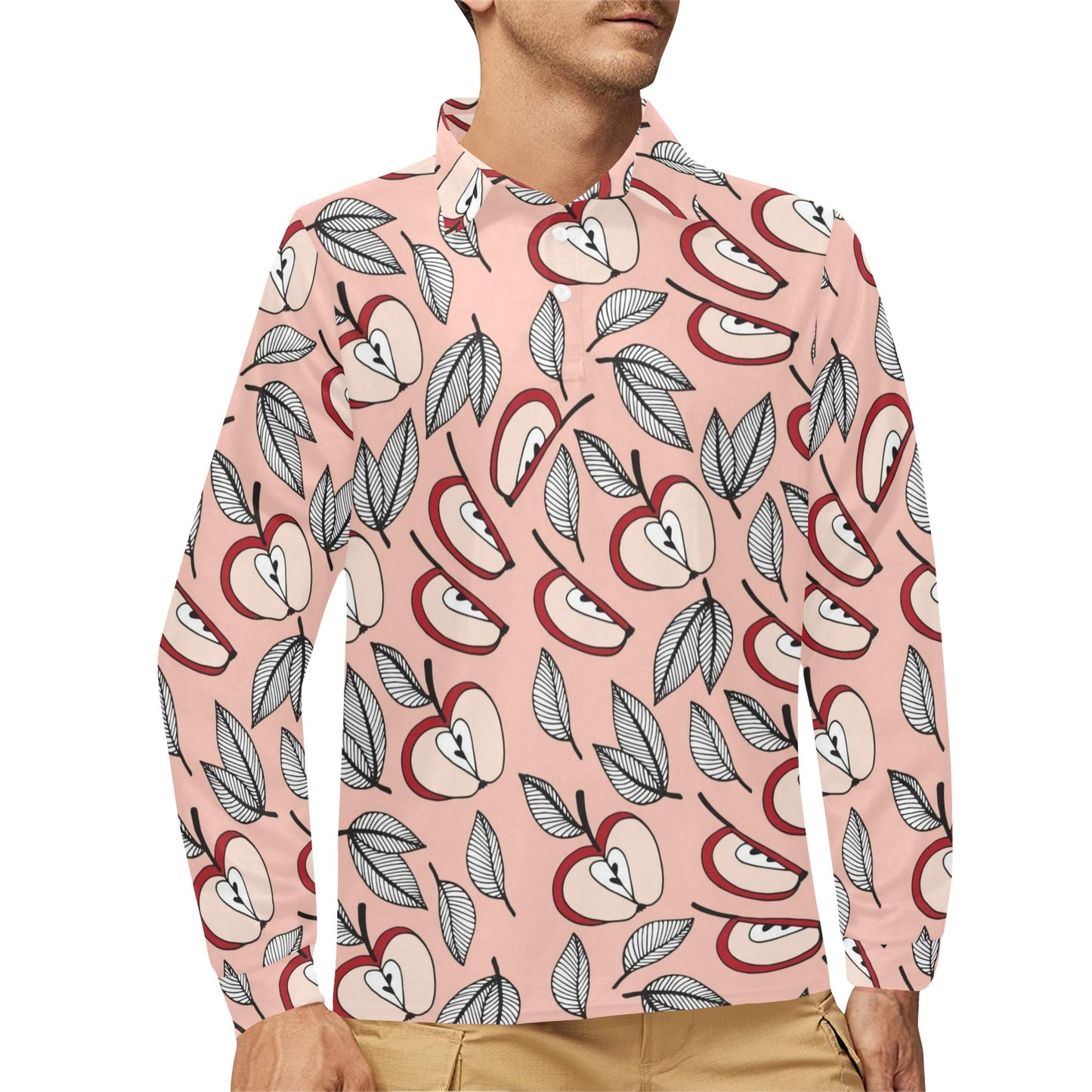 Apple Pattern Print Design AP04 Long Sleeve Polo Shirt For Men's