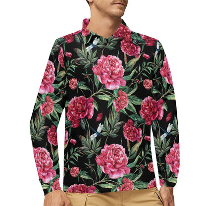 Peony Pattern Print Design PE04 Long Sleeve Polo Shirt For Men's