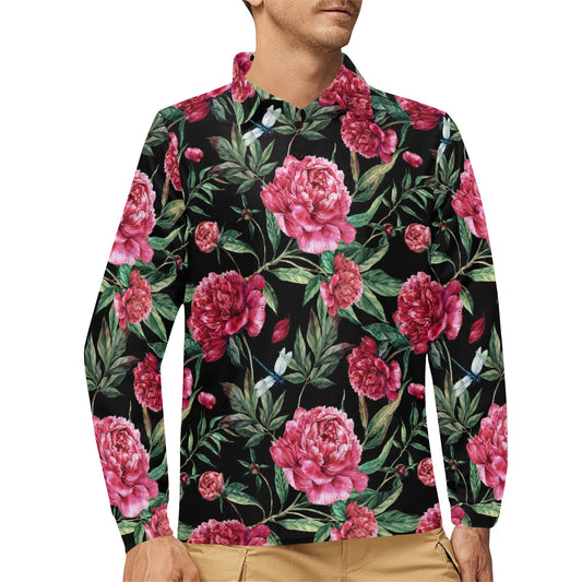 Peony Pattern Print Design PE04 Long Sleeve Polo Shirt For Men's