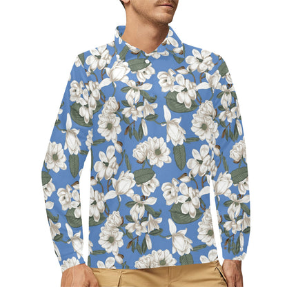 Magnolia Pattern Print Design 01 Long Sleeve Polo Shirt For Men's