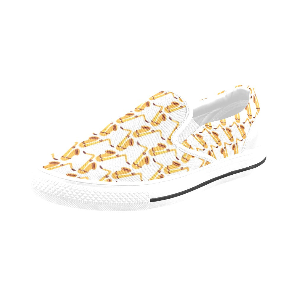 Saxophone Print Design LKS404 White Slip Ons Canvas Women's Shoes