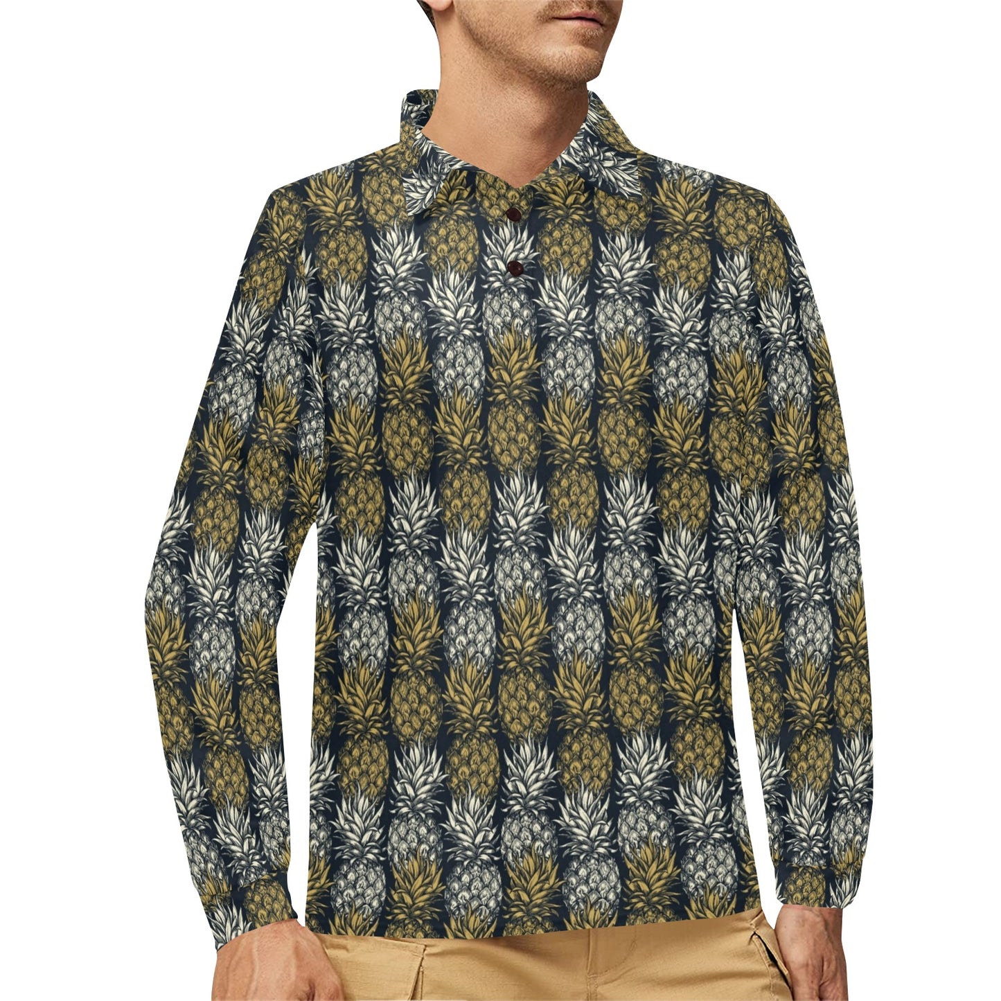 Pineapple Print Design Pattern Long Sleeve Polo Shirt For Men's