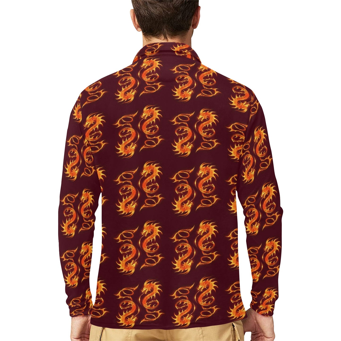 Dragons Fire Design Long Sleeve Polo Shirt For Men's