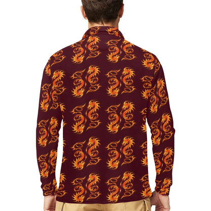 Dragons Fire Design Long Sleeve Polo Shirt For Men's