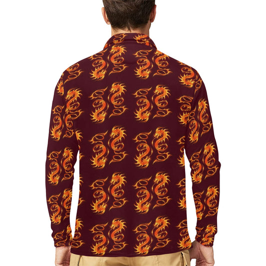 Dragons Fire Design Long Sleeve Polo Shirt For Men's