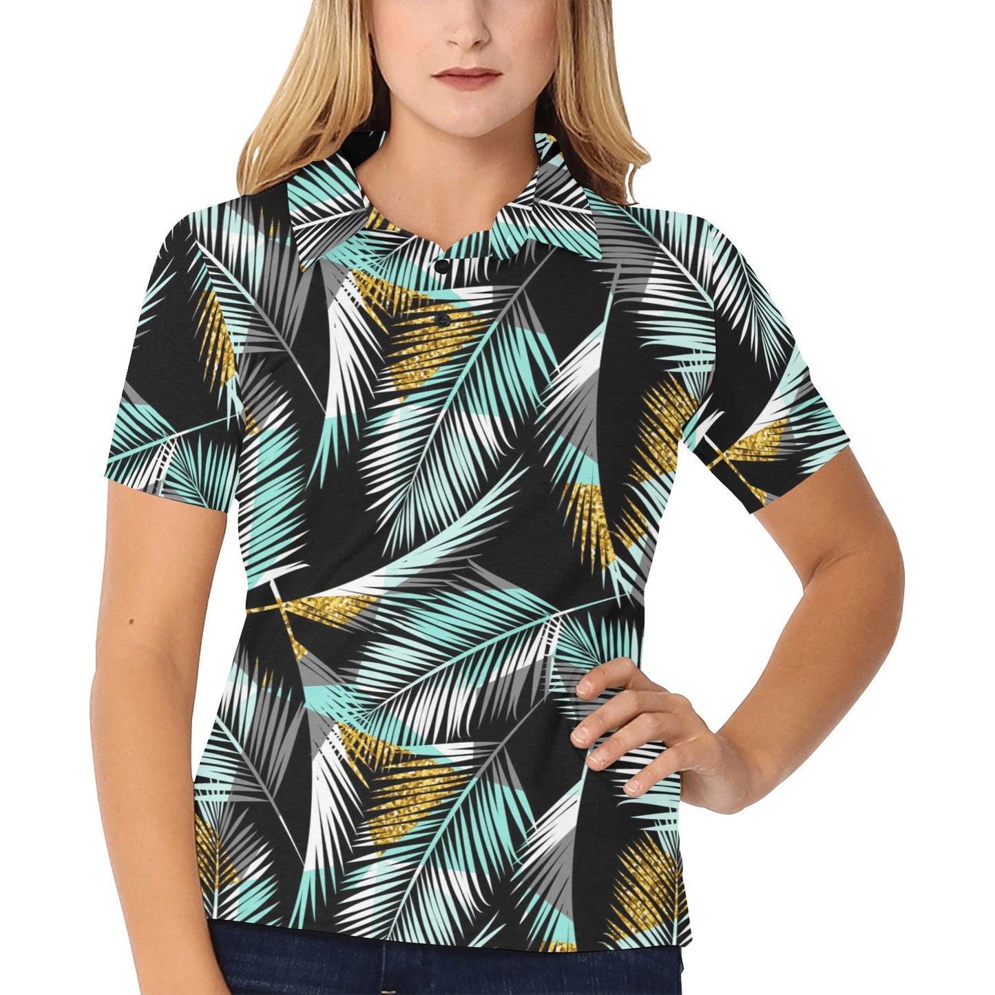 Gold Glitter Cyan Tropical Palm Leaves Women's Polo Shirt