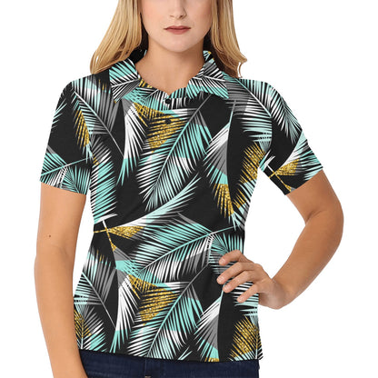 Gold Glitter Cyan Tropical Palm Leaves Women's Polo Shirt