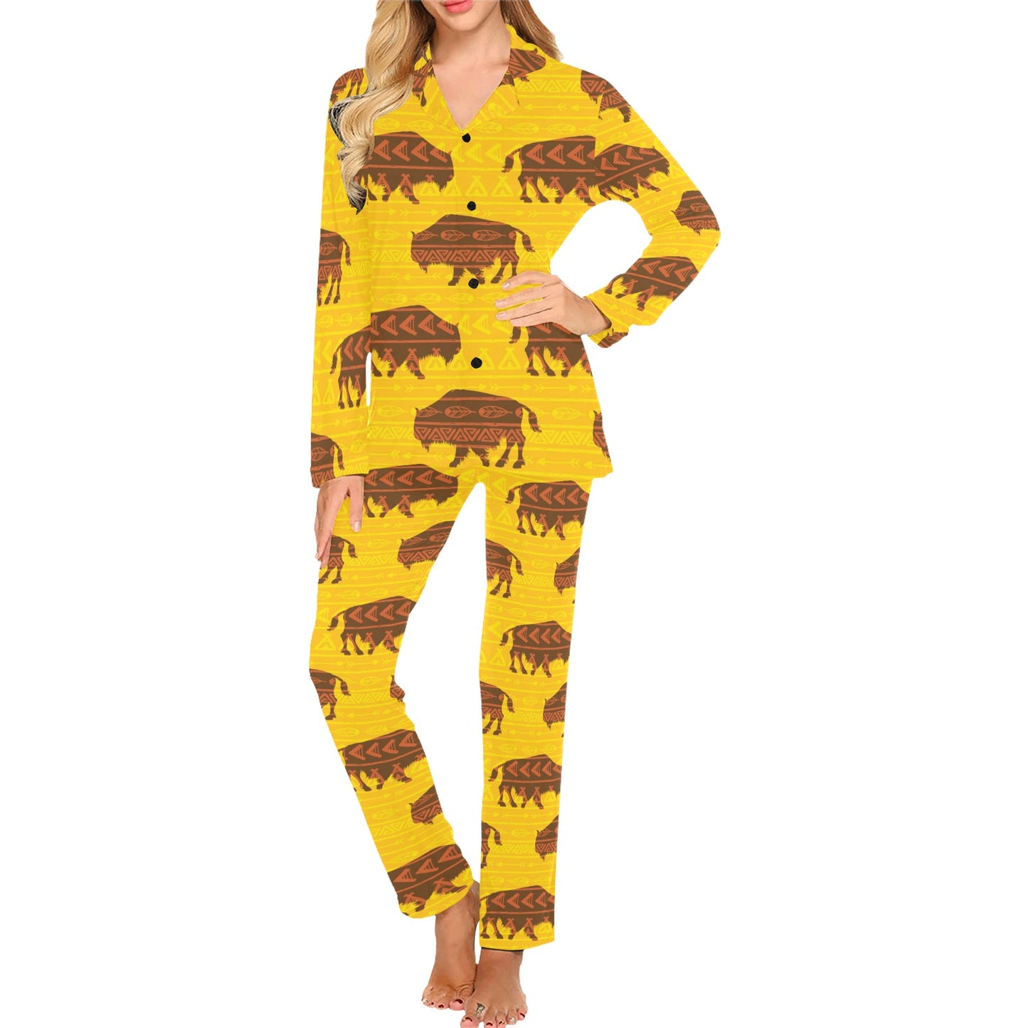 Bison Native Pattern Print Design 01 Women's Long Pajama Set