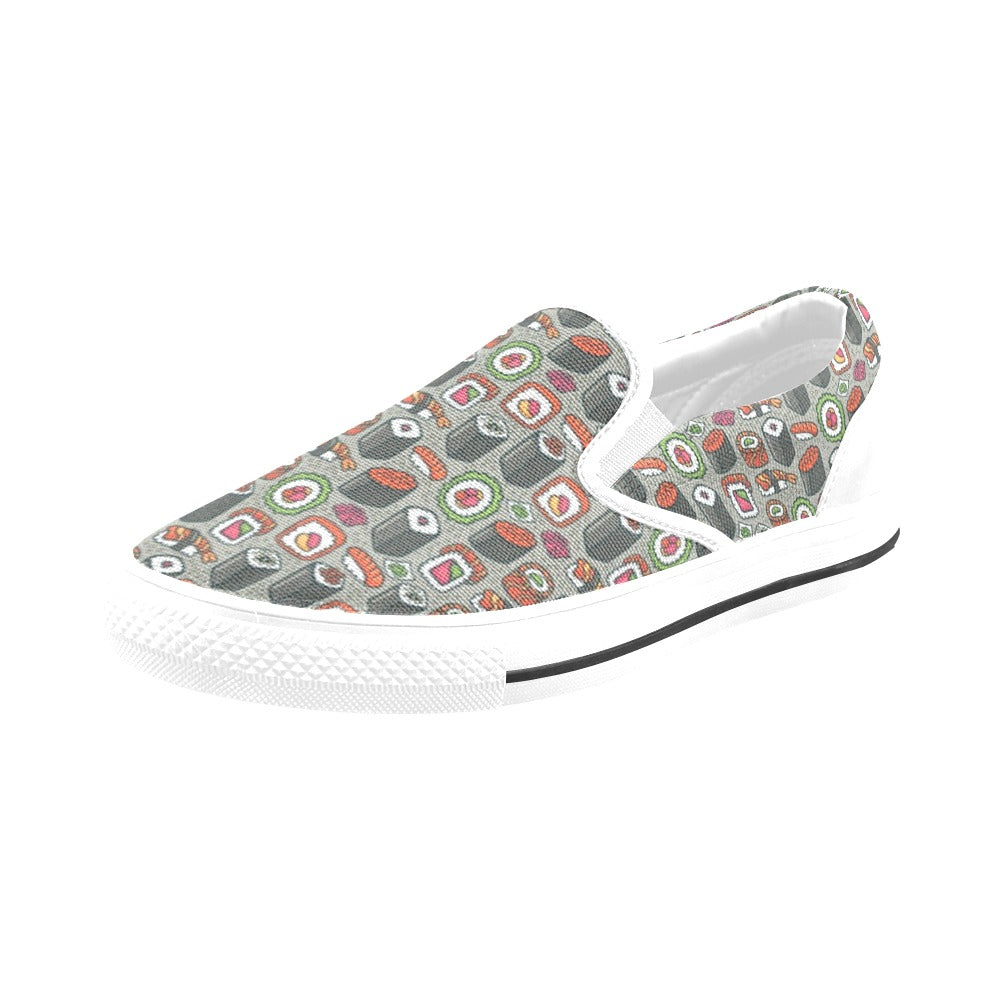 Sushi Print Design LKS301 White Slip Ons Canvas Women's Shoes