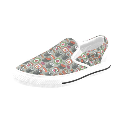 Sushi Print Design LKS301 White Slip Ons Canvas Women's Shoes