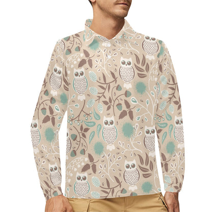 Owl Pattern Print Design A02 Long Sleeve Polo Shirt For Men's