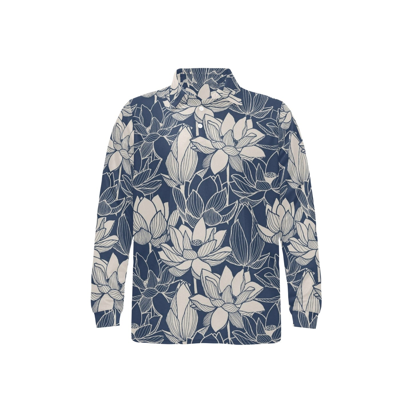 Water Lily Pattern Print Design WL04 Long Sleeve Polo Shirt For Men's