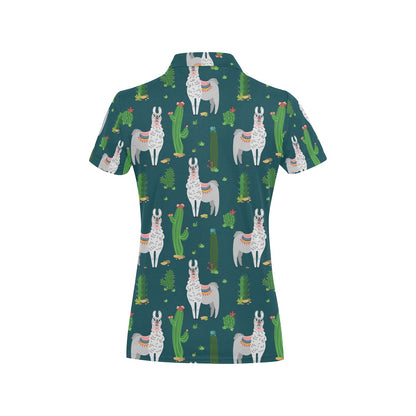 Llama Cactus Pattern Print Design 013 Women's Polo Shirt