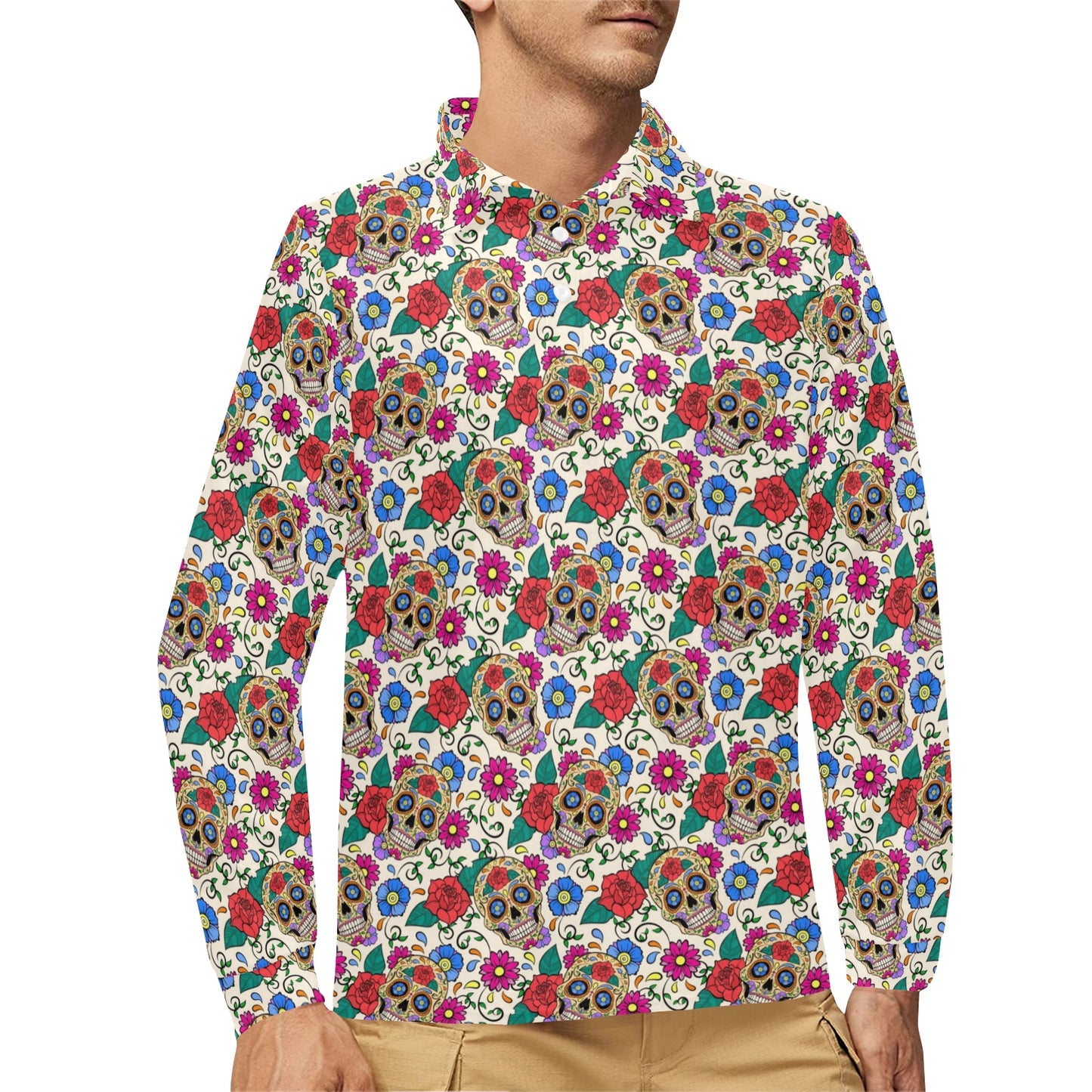 Sugar Skull Colorful Themed Print Long Sleeve Polo Shirt For Men's